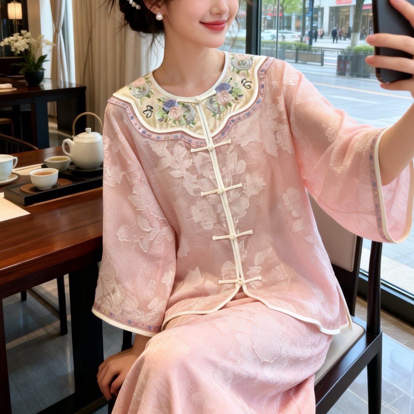禅意减龄国风茶服上衣女改良唐装刺绣盘扣新中式轻薄七分袖衬衫