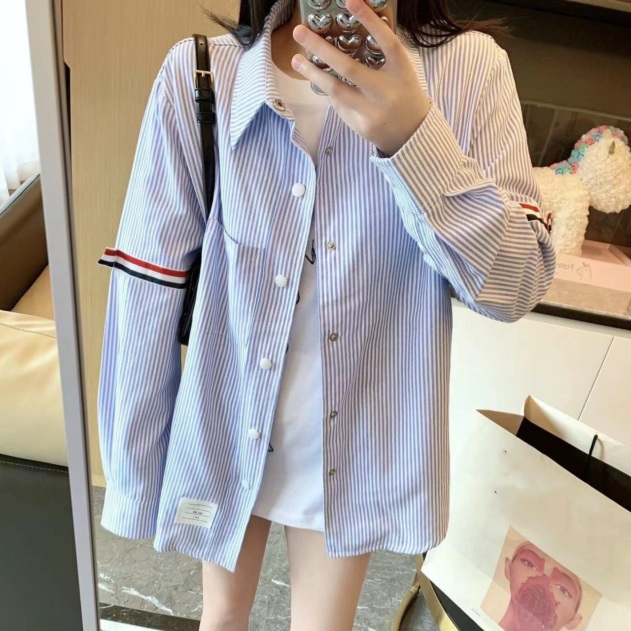 春季新款欧货休闲条纹衬衫TB学院风三色织带袖拼接长袖衬衣情侣