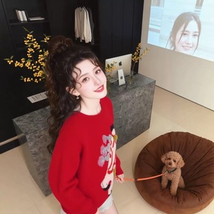 高圆圆同款红色小马手工刺绣毛衣本命年新年圣诞穿搭保暖冬季上衣