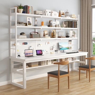 实木书桌书架一体桌子洞洞板办公桌卧室双人电竞桌家用台式电脑桌