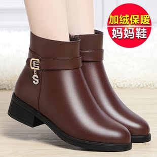 冬季加绒舒适妈妈棉鞋粗跟低跟中老年女士时装靴单里薄绒内里短靴