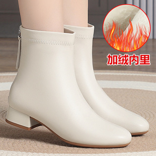 米色短靴粗跟女秋冬季瘦瘦靴真皮加绒2025年新款马丁靴中年妈妈鞋