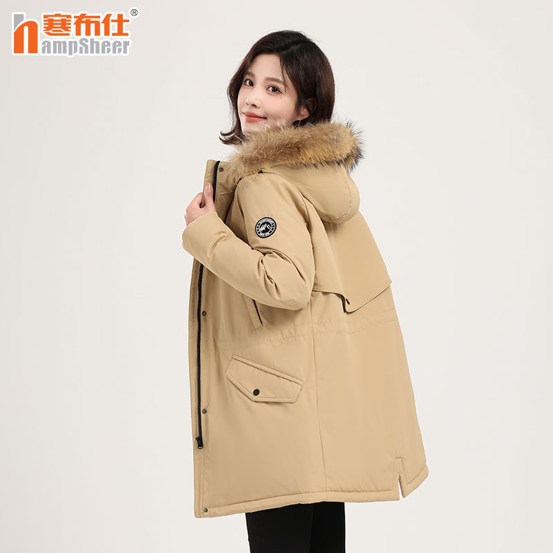 寒布仕中长羽绒服女士鹅绒貉子毛领大码风衣款秋冬外套新品23034