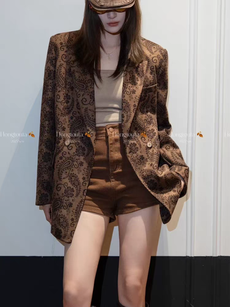 红头发儿H25-5913韩系宽松豹纹西装女2025秋新款时尚气质显瘦外套