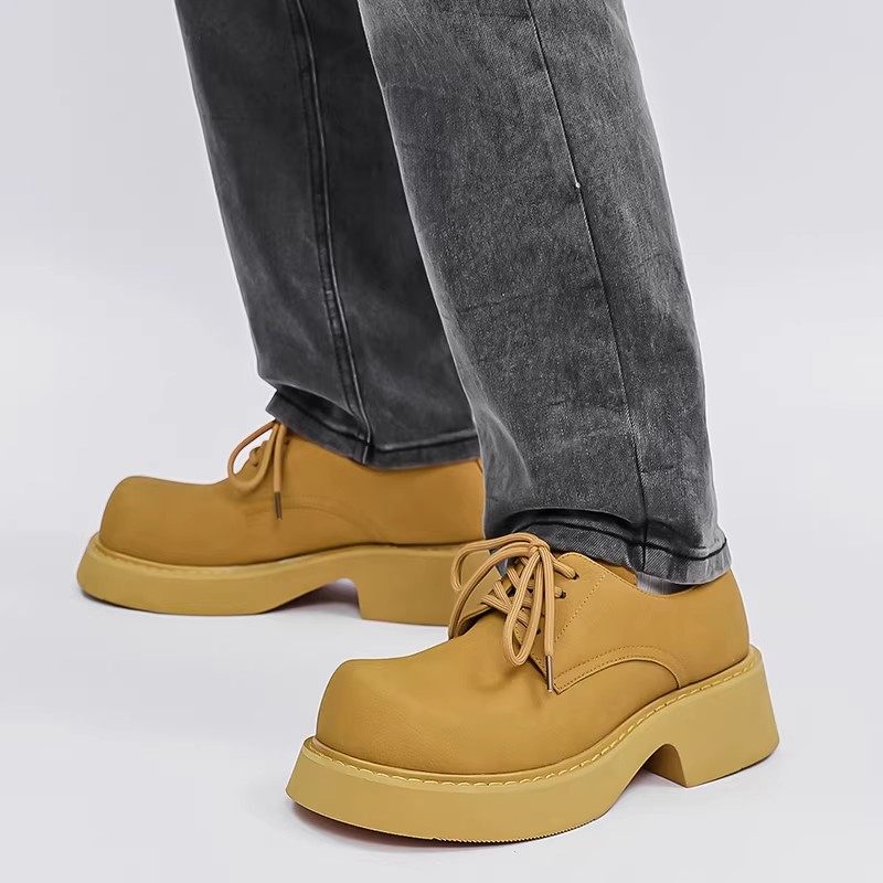 大头皮鞋男款2026新款春季休闲黄色增高鞋男生英伦通勤厚底德比鞋