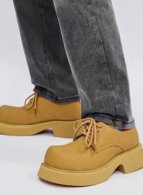 大头皮鞋男款2026新款春季休闲黄色增高鞋男生英伦通勤厚底德比鞋