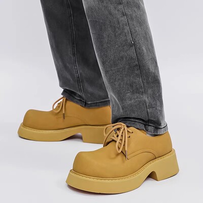 大头皮鞋男款2026新款春季休闲黄色增高鞋男生英伦通勤厚底德比鞋