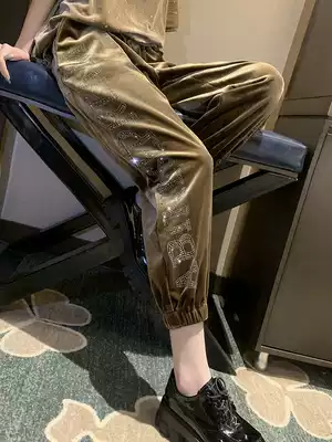 Diamond velvet casual pants women's 2020 autumn new European station heavy industry hot diamond high waist Korean loose leg trousers