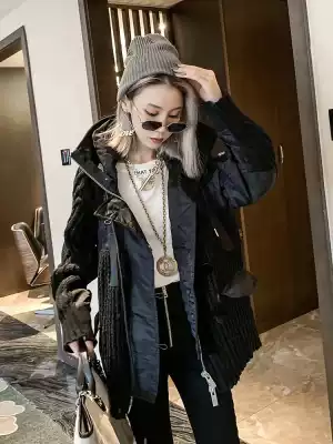 Woolen stitching jacket female 2020 autumn new female European station heavy industry Korean version loose medium and long version hooded top