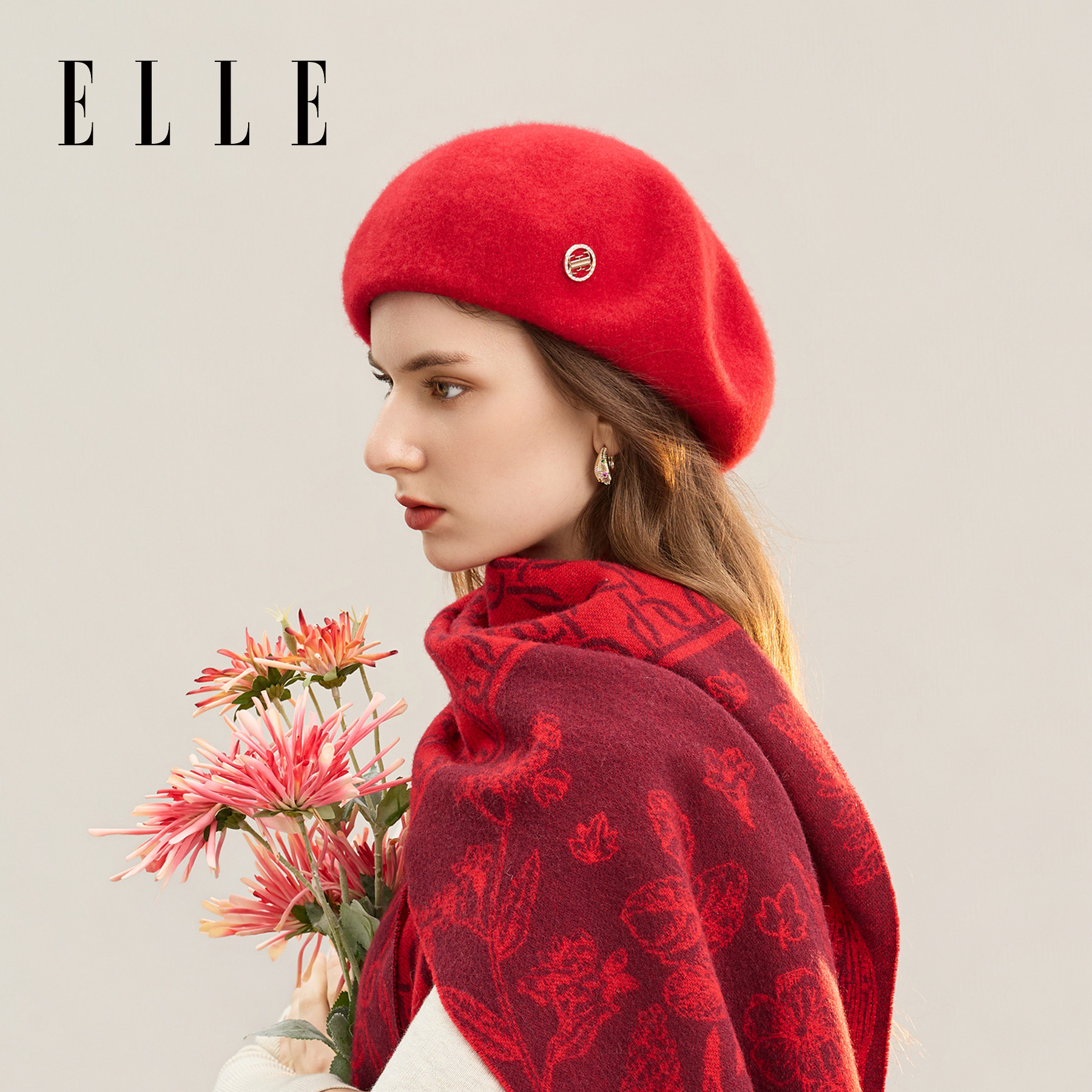 ELLE红色羊毛亮丝贝雷帽女士秋冬季时尚蓓蕾复古画家帽子新年元旦,服饰配件/皮带/帽子/围巾,帽子,淘宝优惠券,粉丝福利购,淘宝优惠卷