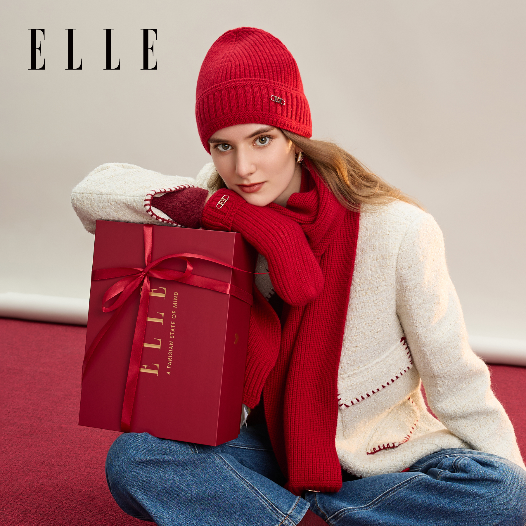 ELLE羊毛针织手套女士秋冬季保暖