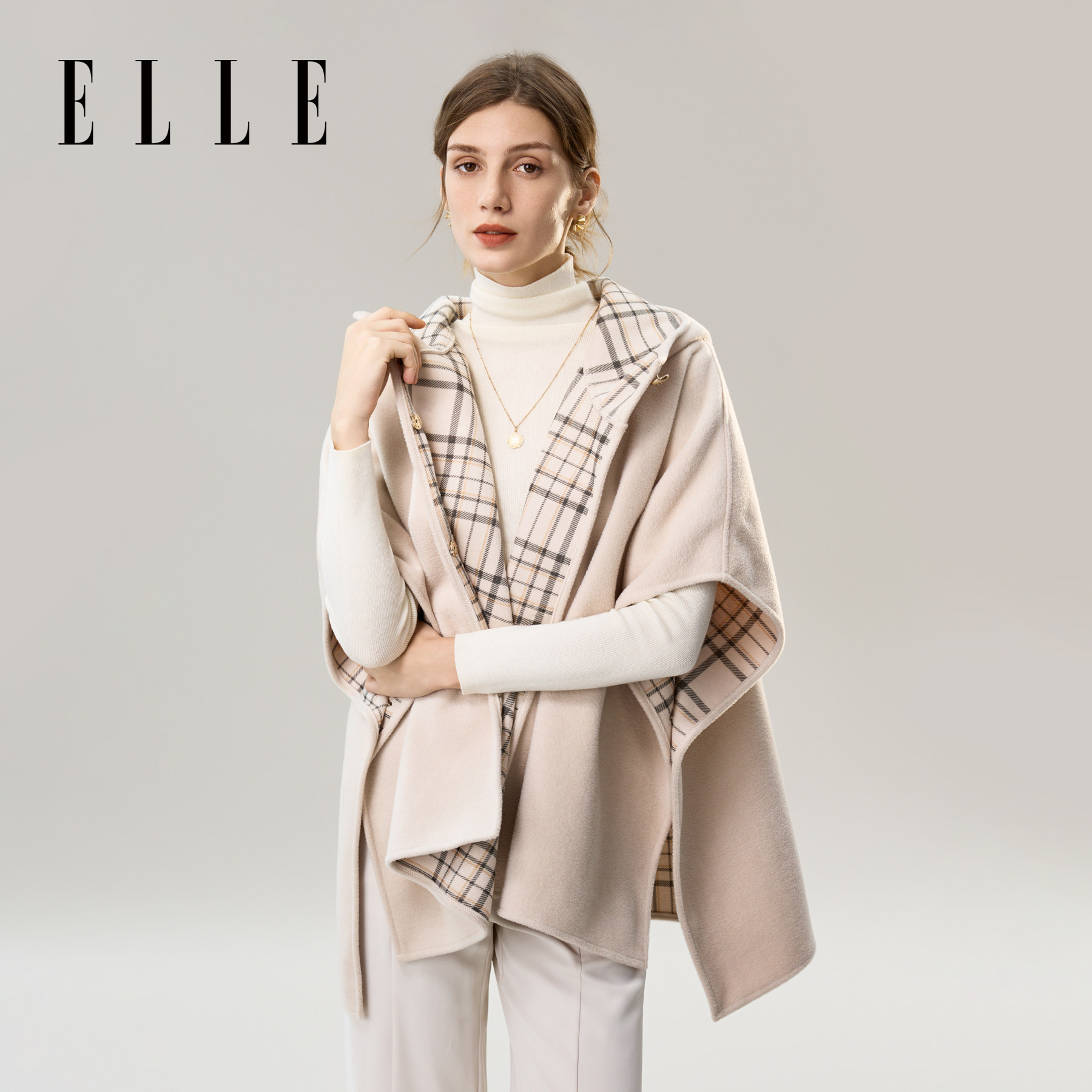 ELLE毛呢格纹连帽披肩女士秋冬季保暖护肩外套百搭加厚外搭斗篷