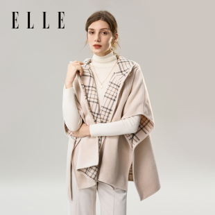 ELLE毛呢格纹连帽披肩女士秋冬季 保暖护肩外套百搭加厚外搭斗篷