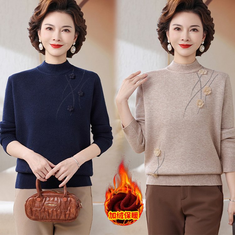 2025新款妈妈加绒加厚红色毛衣秋冬中老年女冬装冬天保暖打底衫