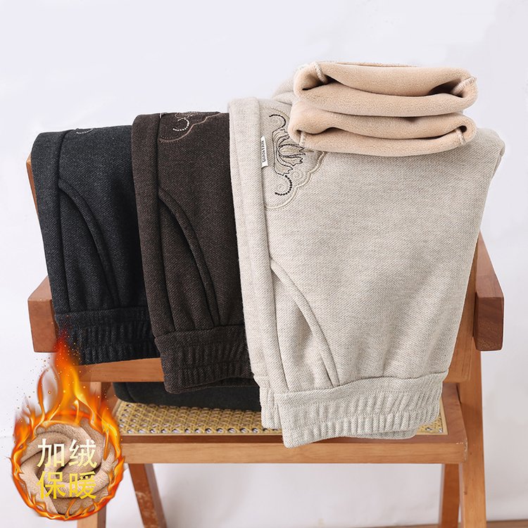 秋冬加厚2025新中老年女裤松紧高腰微喇裤休闲加绒妈妈裤子毛呢裤