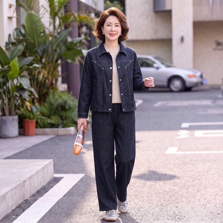 早秋冬季一套中年女装两件套套装运动休闲简约风翻领母亲女宽松