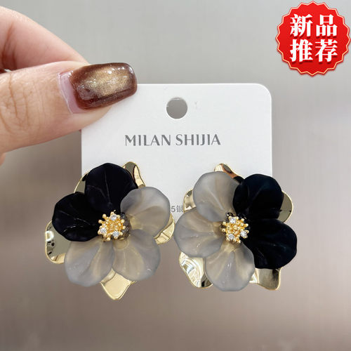 法式复古撞色花朵耳钉女轻奢