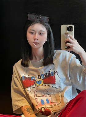 夏季新品ins风原创小众设计感公主酱酱圆领短袖重磅纯棉宽松T恤