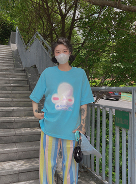 MOOROO夏新品独家原创印花创意“花發“纯棉圆领亲肤短袖宽松T恤