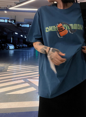 潮牌原创ip男女春秋纯棉百搭宽松蓝绿色进口印花圆领短袖T恤限量