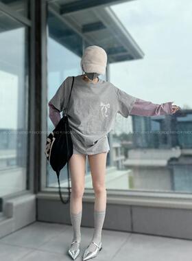 mooroo原创重磅印花秋季新品竹节棉假两件内搭圆领蝴蝶结拼色T恤