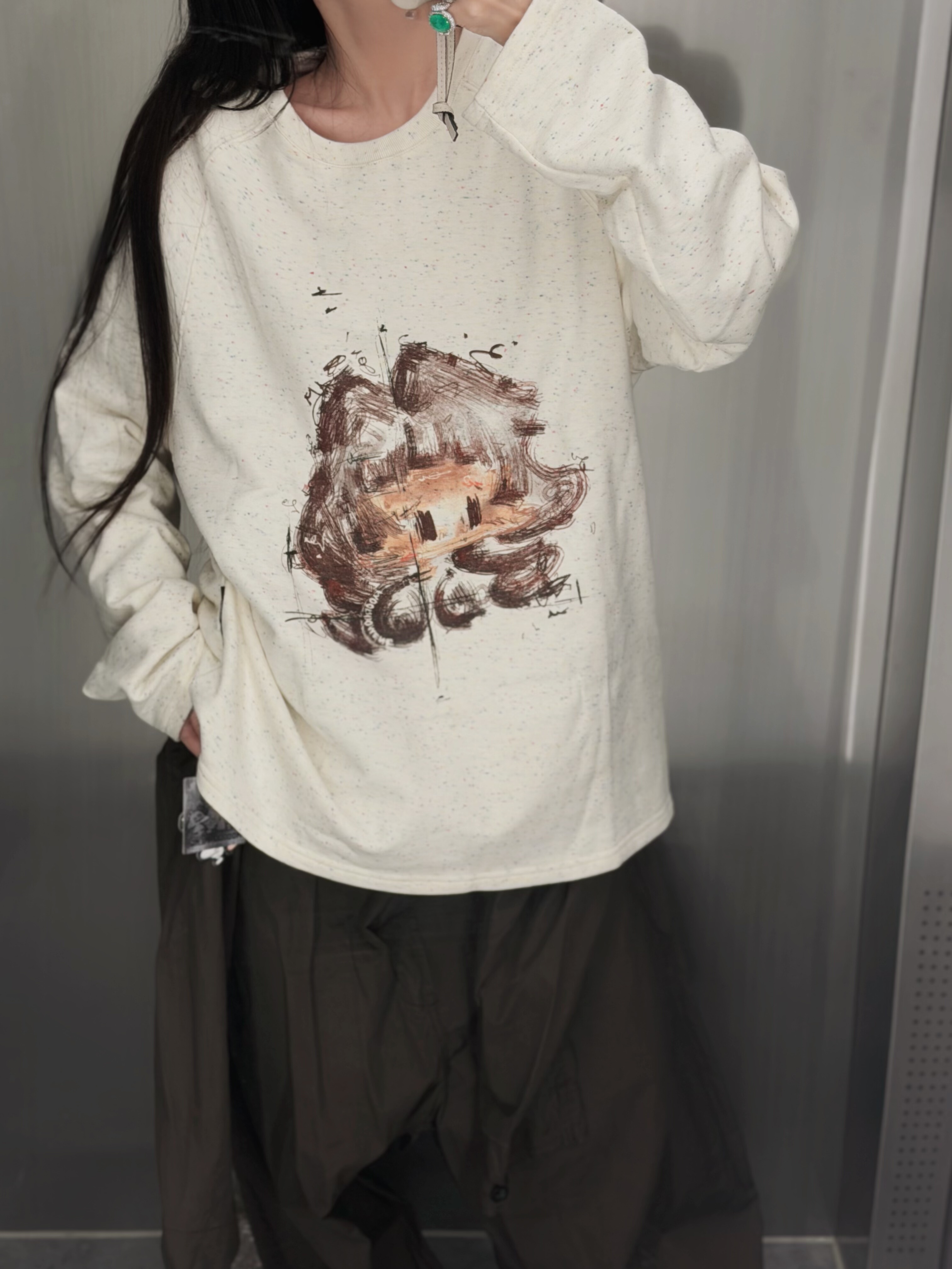 MOOROO 2025AW手绘印花长袖慵懒风纯棉彩色点点宽松版型插肩袖T恤