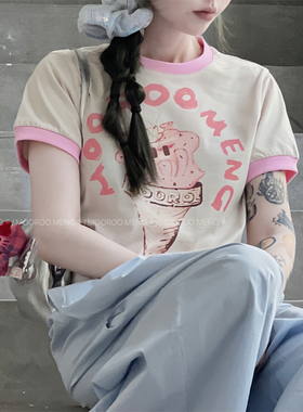 mooroo夏季新品独家印花纯棉原创圆领米色撞色短款T恤