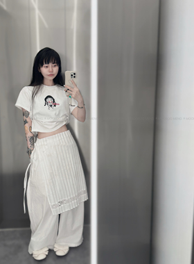 mooroo meng新品原创刺绣图案竹节棉插画圆领纯棉短款短袖上衣