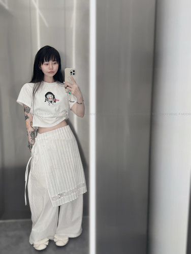 mooroo meng新品原创刺绣图案竹节棉插画圆领纯棉短款短袖上衣