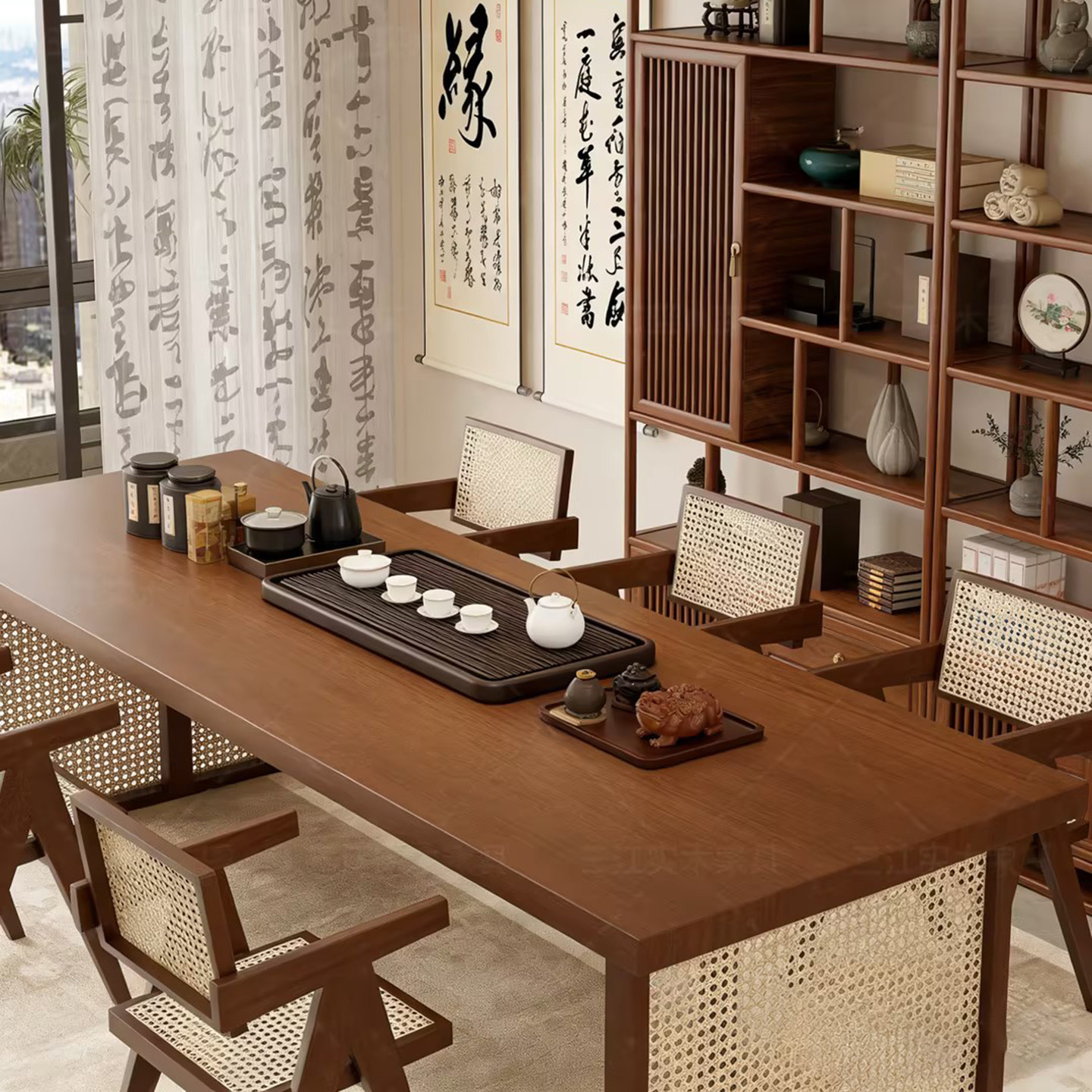侘寂风实木编藤茶桌椅组合客厅家用泡茶茶桌大板实木中古风泡茶台,住宅家具,家用茶台/茶桌,淘宝优惠券,粉丝福利购,淘宝优惠卷