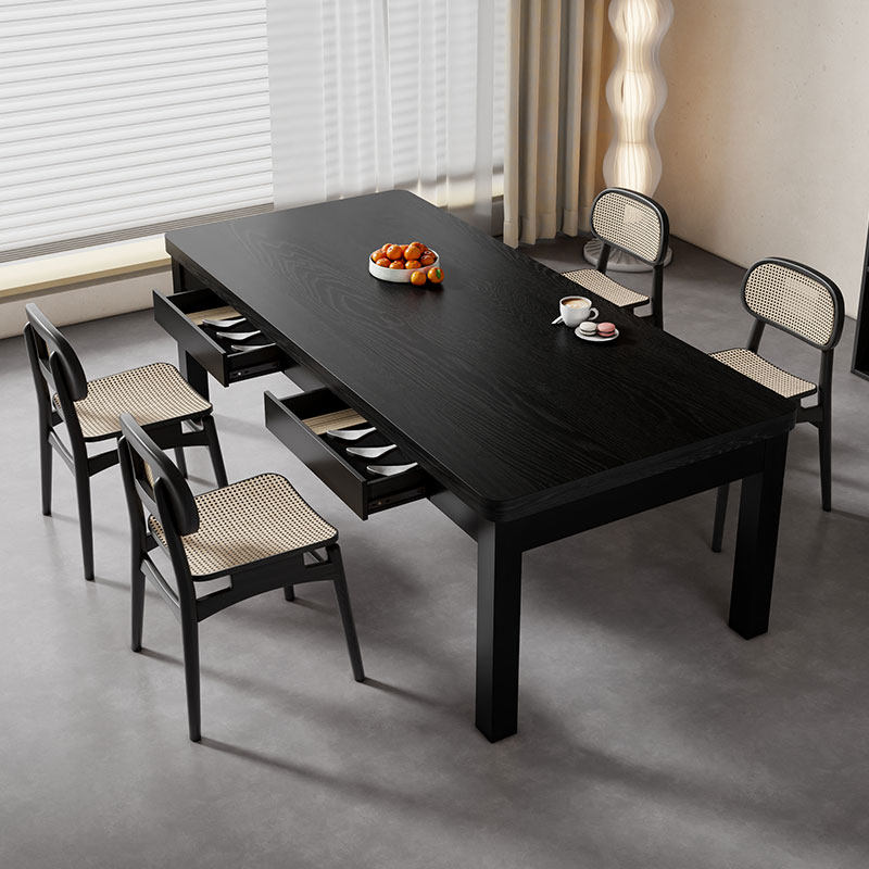 白蜡木黑色实木餐桌纯实木长方形餐厅客厅餐桌中古风复古长条桌