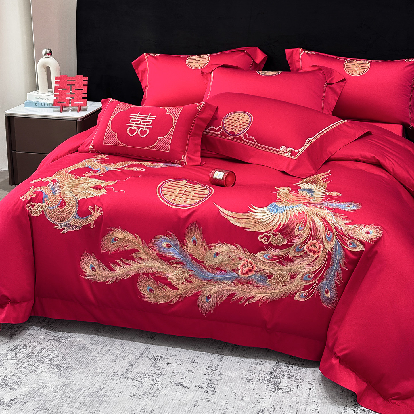 高档婚庆长绒棉纯棉四件套红色结婚龙凤刺绣全棉被套新婚嫁房床品