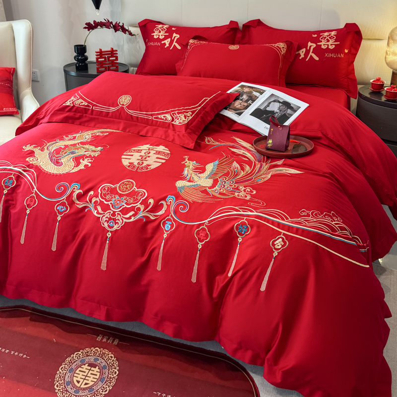高档中式龙凤刺绣婚庆结婚四件套大红色床单被套嫁妆喜被婚嫁床品