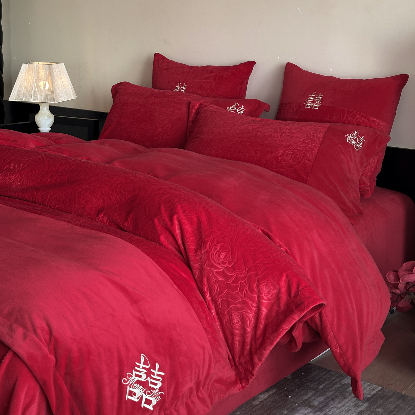 喜庆红撸猫感牛奶绒四件套加厚绒