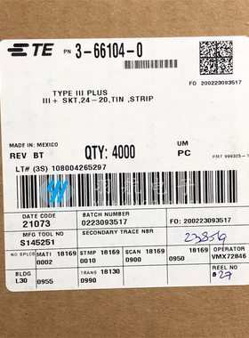 一个起拍 TE连接器 3-66104-0 插针端子 线规20-24AWG 原装现货