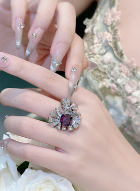 欧美复古紫色宝石花朵开口戒指