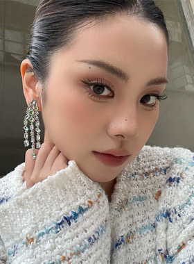 欧美轻奢高级感银针蛋白蓝绿色锆石气质流苏重工名媛晚宴长款耳环