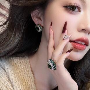 欧美重工祖母绿古董饰品富贵感 太阳花马眼锆石性感椭圆耳钉戒指