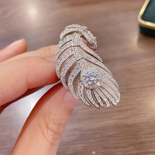 满钻锆石轻奢夸张羽毛造型戒指