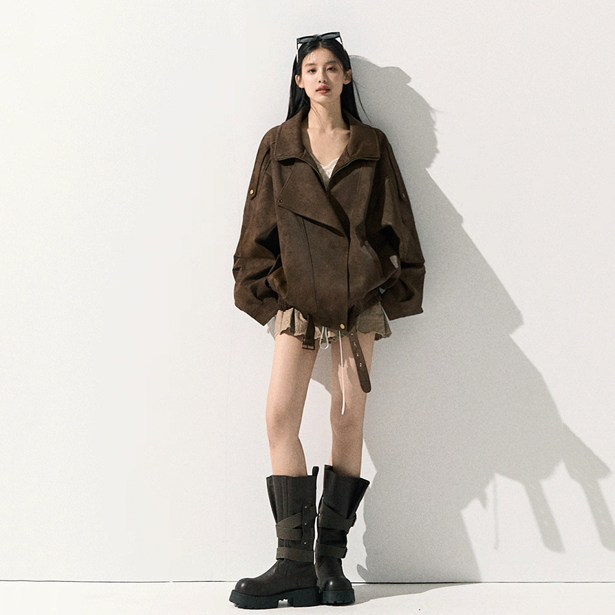 美拉德皮衣麂皮肌理机车夹克