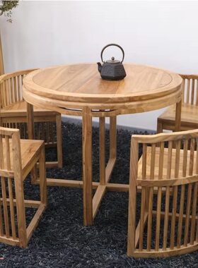 小户型美式实木餐桌椅家用饭桌隐形阳台一桌四椅圆桌子组合榆木