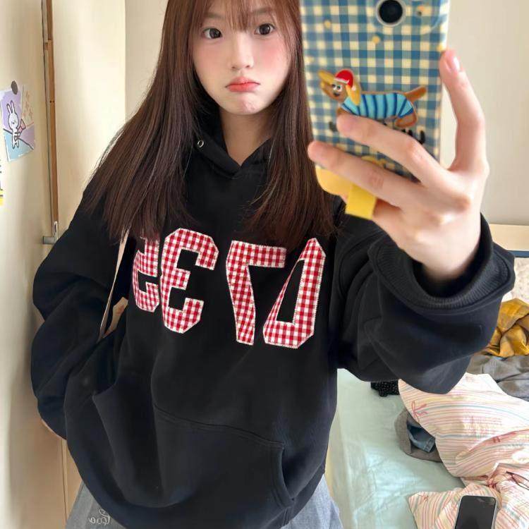 美式街头重磅连帽加绒加厚卫衣女秋冬新款格子刺绣宽松休闲上衣潮