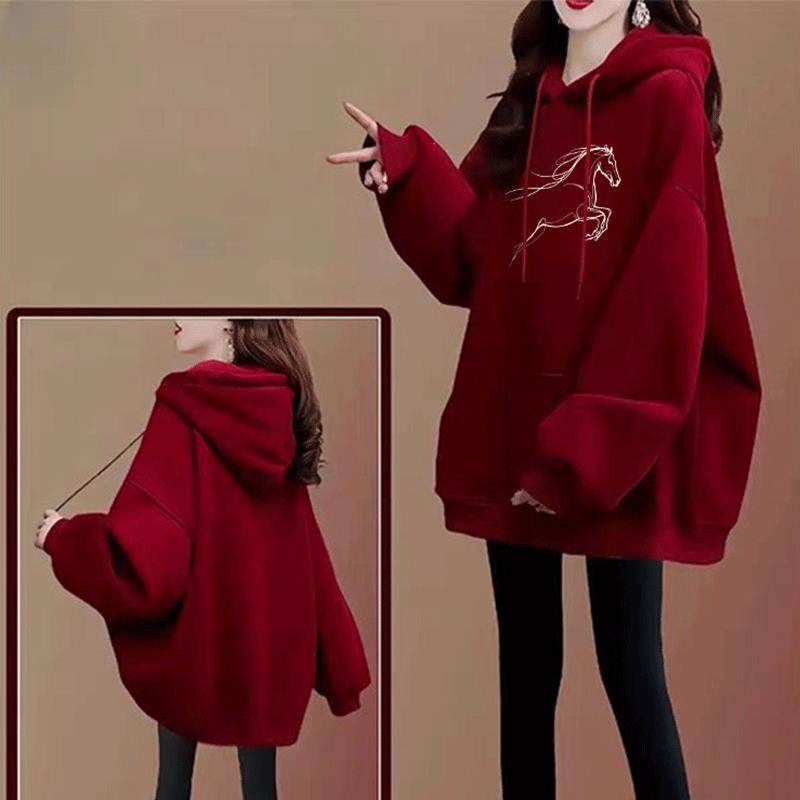 2026马年本命年衣服冬季加绒加厚酒红色连帽卫衣女款宽松大码上衣