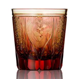 日本制江户切子金赤色琥珀渐变水晶杯威士忌杯孔雀凤凰手工雕花
