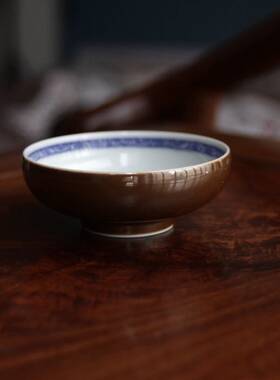 景德镇鱼藻纹罗汉杯中式风紫金釉