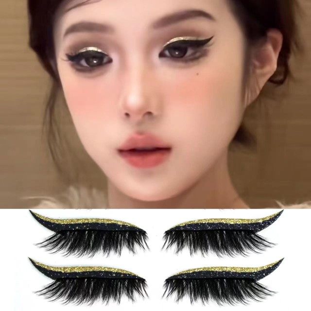 新款分开式眼影贴带假睫毛欧美浓密懒人眼影贴睫毛金色睫毛眼影贴