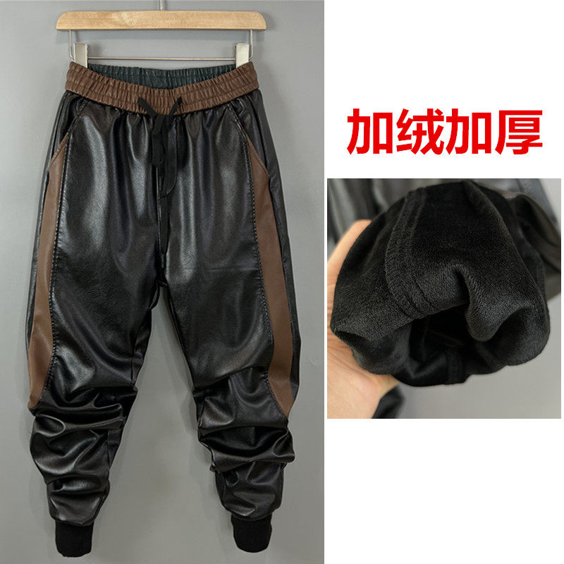 冬季机车皮裤加绒加厚大码防风男仿皮PU束口宽松小脚休闲拼接长裤,男装,皮裤,淘宝优惠券,粉丝福利购,淘宝优惠卷