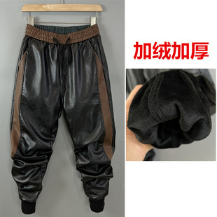 冬季机车皮裤加绒加厚大码防风男仿皮PU束口宽松小脚休闲拼接长裤