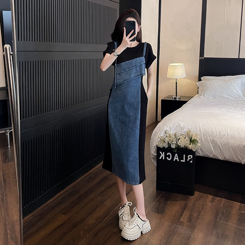 开叉假两件背带气质收腰连衣裙女