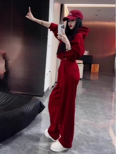 安可拉红色运动套装女秋冬新款宽松休闲卫衣阔腿裤时尚加绒两件套